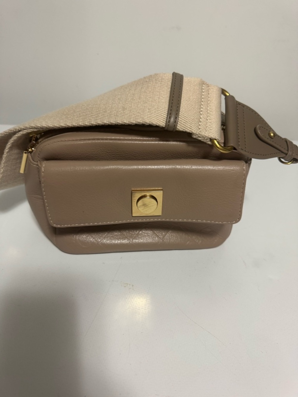 Taupe Quilted Leather Crossbody Bag with Gold Turn-Lock